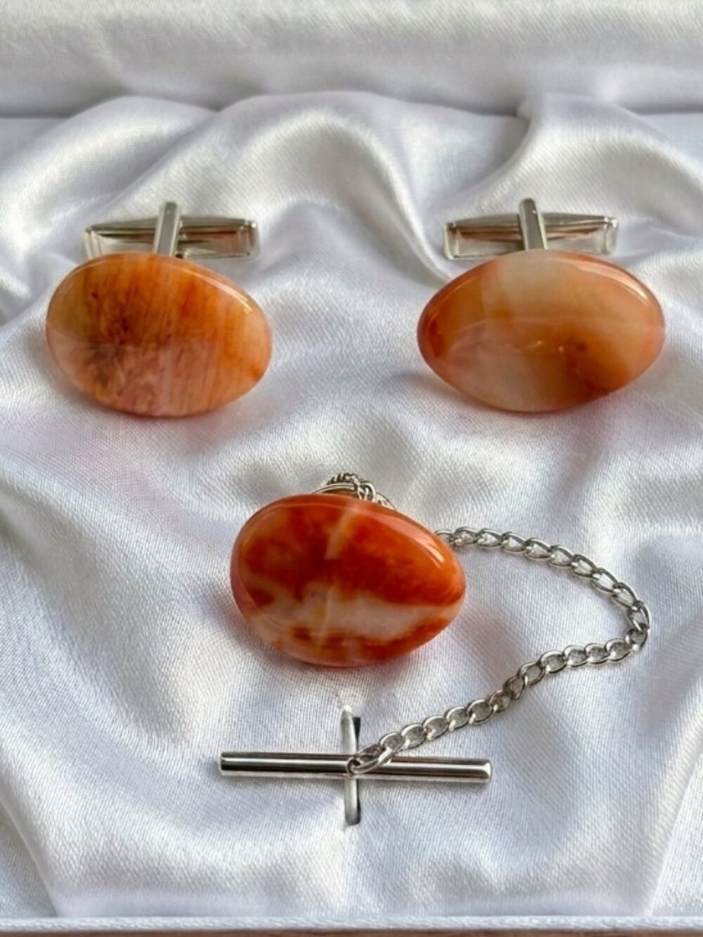 Vintage Cuff links / Tie Clip Pin Agate Semi-Precious Gemstones Artisan Made